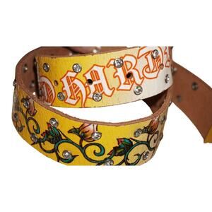 Ed Hardy by Christian Audigier Tattoo Graphic Studded Leather Belt Size L